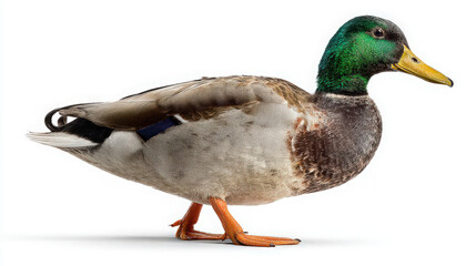 Obraz premium male mallard duck with iridescent green head isolated on white background