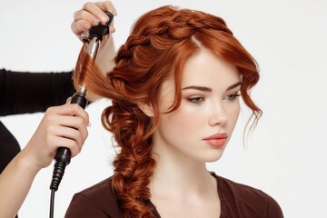 Hairdresser making French braid hairstyle to ginger girl in salon. Woman is braided up in a beauty studio blurred backdrop. Girl is sitting on a chair groomed by a stylist holding a red curling iron
