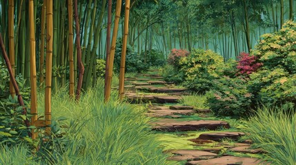 Pixelated Bamboo Forest Pathway with Greenery and Stone Steps