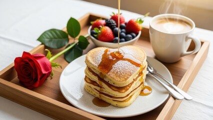Romantic breakfast tray with heart-shaped pancakes, syrup being poured, fresh berries, and a red rose.