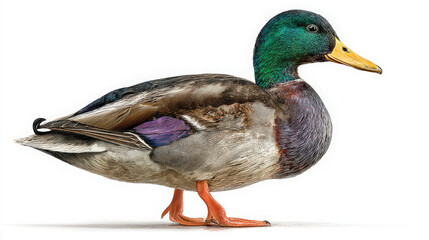 male mallard duck with iridescent green head isolated on white background