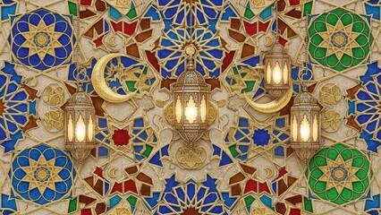 Golden Ramadan lanterns and crescent moons hanging over a vibrant Islamic geometric tile mosaic wall.
