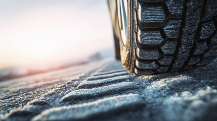 Winter tire on icy road close-up showing tread detail and grip for safe driving in cold weather conditions.