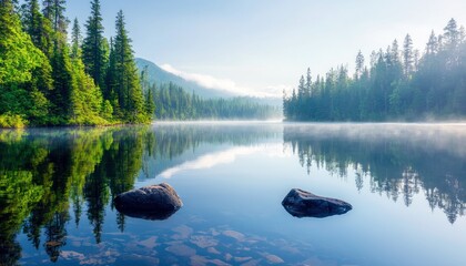 A tranquil landscape featuring a lake surrounded by lush green trees, with reflections in the water and morning mist creating a serene atmosphere.