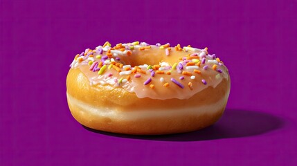 Delicious glazed donut with colorful sprinkles on a purple background offering a tempting and sweet treat for dessert lovers and bakery enthusiasts alike.