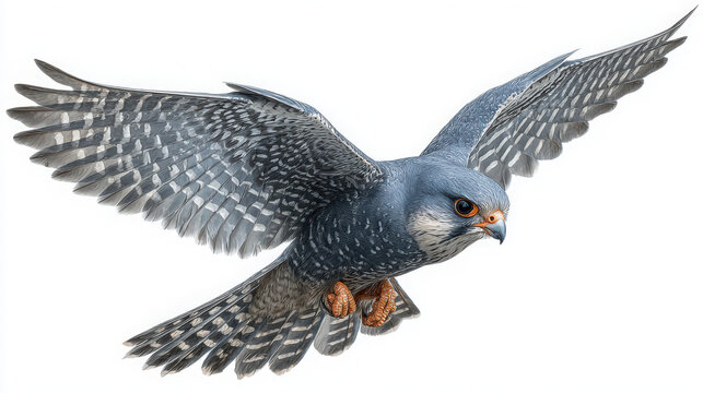 isolated merlin falcon in flight on white background