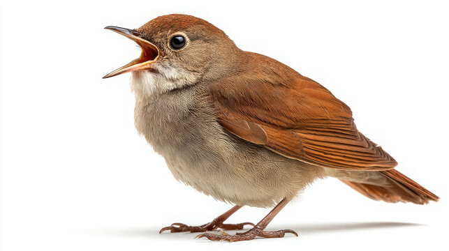 nightingale bird singing isolated on white background