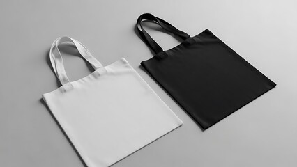 Two blank canvas tote bags, one white and one black, lie flat on a neutral background, ready for custom branding and eco-friendly shopping designs