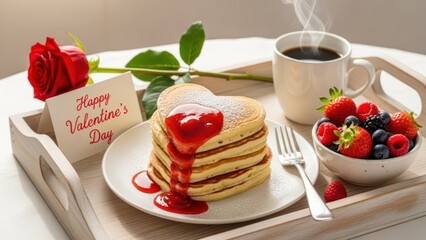 Romantic Valentine's Day breakfast with heart-shaped pancakes, a red rose, and coffee on a tray.