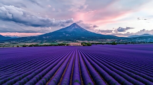A vibrant landscape featuring a field of lavender in full bloom, with a mountain range and dramatic sunset sky. - Powered by Adobe
