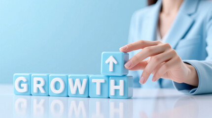 Obraz premium Business growth concept with blue wooden blocks, professional woman hand stacking cubes with arrow icon, financial success and corporate development strategy theme