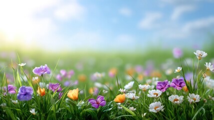 Fototapeta premium Vibrant Meadow Scene with Colorful Flowers Blooms and Soft Blue Sky Under Bright Sunlight Creating a Serene Natural Environment