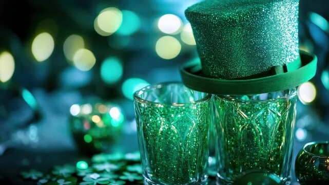 Irish party with green glitter hats and cups on a festive background.