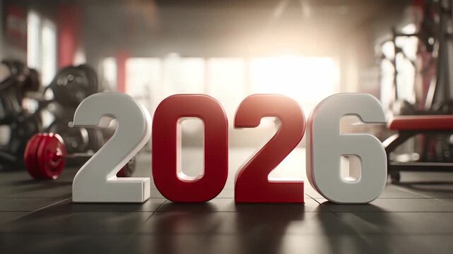 Happy New Year 2026 is here. The atmosphere is filled with excitement as people gather in a lively gym. Red and white decorations celebrate Christmas spirit and fresh starts