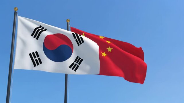 South Korea and China Flags Waving Together in Diplomatic Harmony