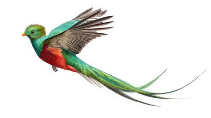 Obraz premium resplendent quetzal flying with long tail isolated on white background