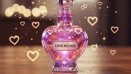 A heart-shaped glass bottle of Love Potion with a magical pink liquid, surrounded by glowing hearts and sparkles.