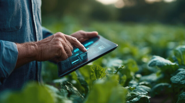 Farmer using digital tablet in green field, analyzing crop data and monitoring smart agriculture technology for efficient and sustainable farming management.