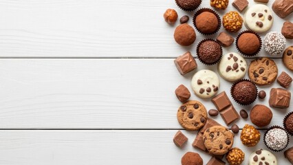 Sweet Temptations: A delectable assortment of chocolates and cookies arranged on a wooden surface, inviting indulgence and capturing the essence of pure sweetness.