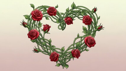 A beautiful heart-shaped wreath of blooming red roses and tangled green vines with sharp thorns.