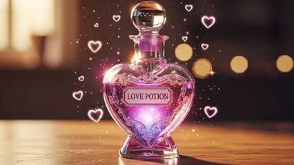 Magical Love Potion in a Heart-Shaped Glass Bottle with Glowing Hearts and Sparkles