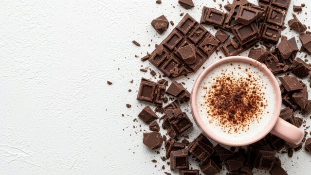 Chocolate Indulgence: A top-down shot of a delectable cappuccino adorned with cocoa and surrounded by tantalizing dark chocolate chunks. A perfect visual for dessert lovers.