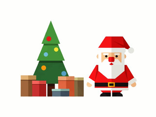 Cartoon Santa Claus stands next to a Christmas tree with presents underneath, depicted in a flat, geometric style.