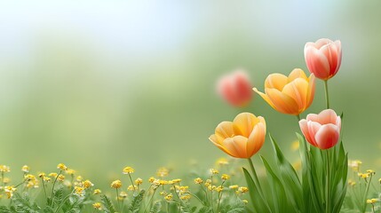 Fototapeta premium Vibrant Tulips and Wildflowers in Soft Focus Background, Bright Colorful Floral Display Captures Essence of Springtime and Natural Beauty in Garden Setting
