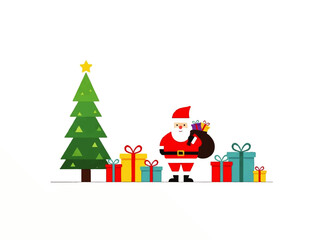 Santa Claus stands with a sack of gifts next to a Christmas tree surrounded by colorful present boxes on a white background.