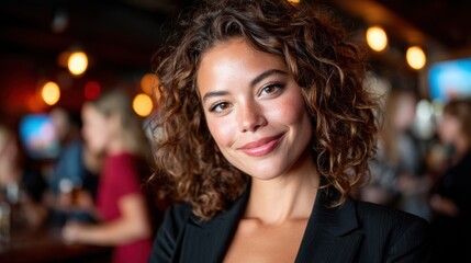 Fototapeta premium A confident young woman with curly hair smiles warmly in a cozy social environment, conveying joy and connection; perfect for themes of friendship and positivity.