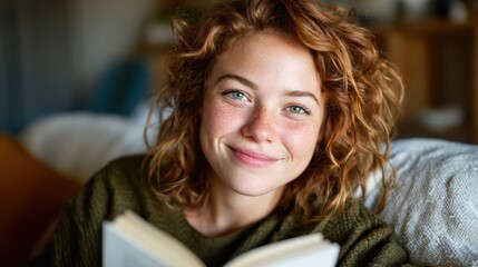 A cheerful young woman sits on a cozy couch holding an open book, radiating warmth and comfort. Her bright smile and curly hair create a joyful atmosphere perfect for free time.