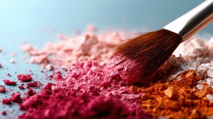 An artistic arrangement of colorful makeup powders in various shades with a soft makeup brush, perfect for beauty and cosmetic themes capturing vivid colors.