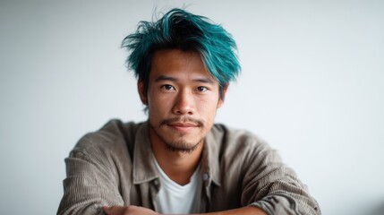 Fototapeta premium A contemplative young man with striking turquoise hair gazes at the camera, set against a light backdrop, capturing a blend of modern fashion and introspective mood.