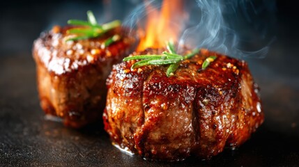Two perfectly seared beef tenderloin steaks, enhanced with rosemary and smoke, showcasing an appetizing flame, ideal for gourmet dining or special occasions.