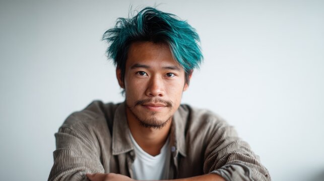 A contemplative young man with striking turquoise hair gazes at the camera, set against a light backdrop, capturing a blend of modern fashion and introspective mood.