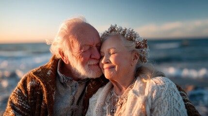 An elderly couple embraces by the shore, radiating love and warmth, while the sunset creates a breathtaking backdrop to their tender moment.