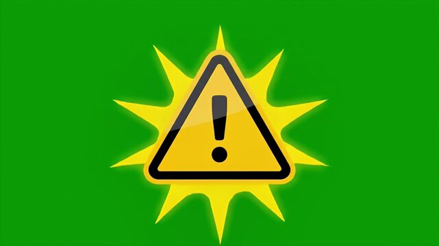 Animated Yellow Warning Triangle With Pulsing Burst Background.