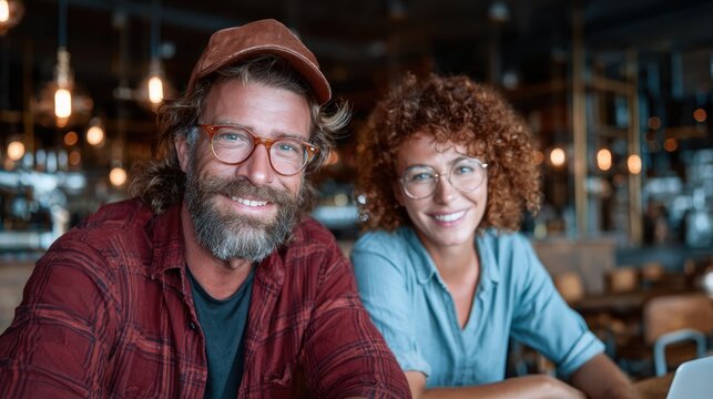 A joyful couple poses in a café, exuding happiness and connection, with warm lighting and an inviting atmosphere surrounding them.