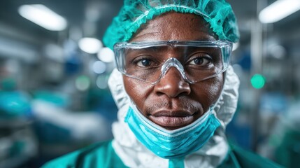 A focused medical professional in full surgical attire, including a mask and goggles, embodies dedication and precision in the critical healthcare environment.