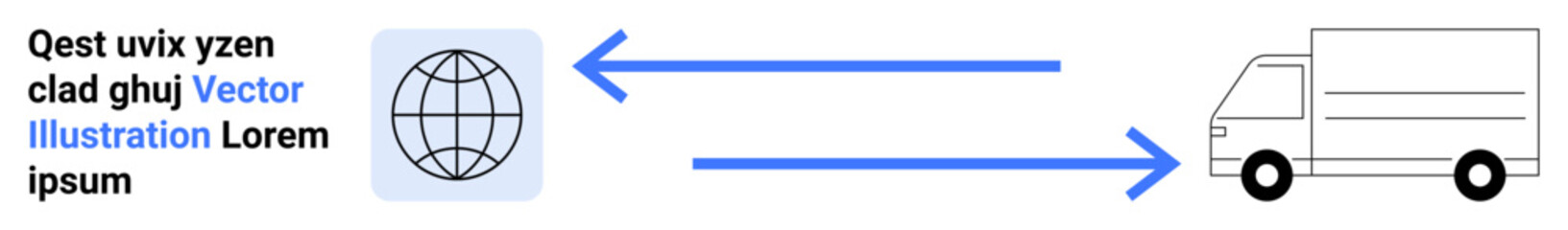 Global supply chain, shipping, e-commerce, transportation services, logistics, and international trade. Globe icon linked to a truck with arrows. Global supply chain and shipping concept