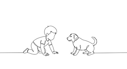 A child crawling on the floor interacting with a playful dog, showcasing a joyful moment in a domestic setting, line style illustration, on a transparent background