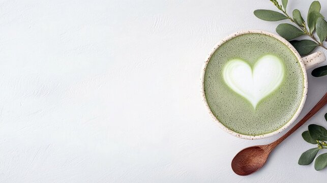 Overhead shot of a matcha latte with heart-shaped foam, a wooden spoon, and greenery on a white background.