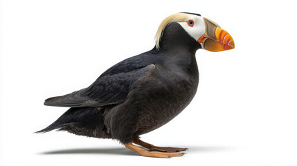 tufted puffin in breeding plumage on white background