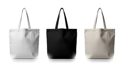 Blank reusable fabric tote bags trio: white, black, and natural beige for eco-friendly shopping, custom branding, and advertising mockups on white.