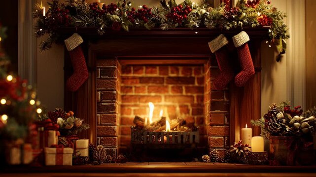 Christmas fireplace glowing with warmly lit embers, creating a cozy festive atmosphere for holiday celebration, adorned with stockings, garland, and gifts