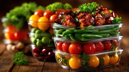 A visually appealing arrangement of meal prep containers filled with vibrant vegetables and grilled chicken, promoting health and organization for busy lifestyles.