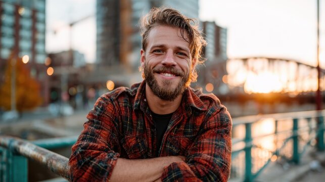 A smiling man in a casual plaid shirt poses confidently against a city backdrop during sunset, portraying urban style and relaxed vibes, while capturing a moment of happiness.