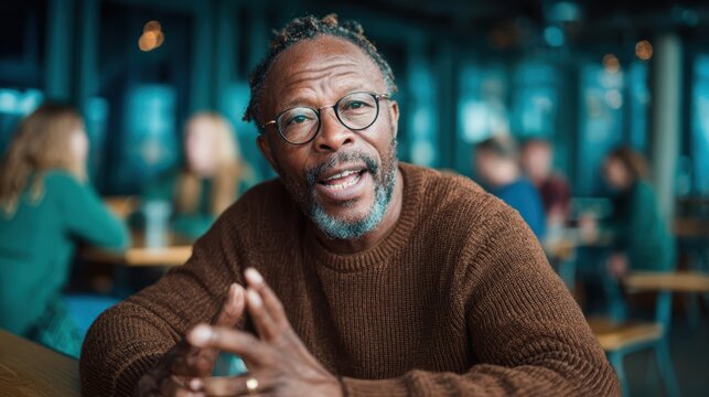 A thoughtful man wearing a sweater engages in conversation at a cafe, showcasing the lively ambiance, deep discussions, and connections that can be formed in social spaces.