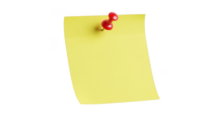 Bright yellow sticky note pinned to a surface showing a blank space for notes transparent background white background
