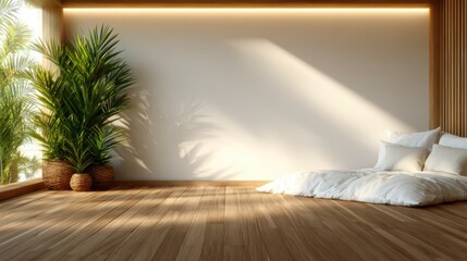 A serene and minimalist bedroom featuring polished wooden floors, soft bedding, and lush plants, bathed in soft natural light that creates a peaceful and inviting atmosphere.